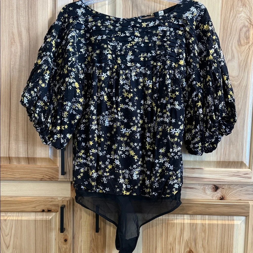 Intimately Free People Black Floral Short Sleeve Boho Cottagecore Bodysuit Sz S